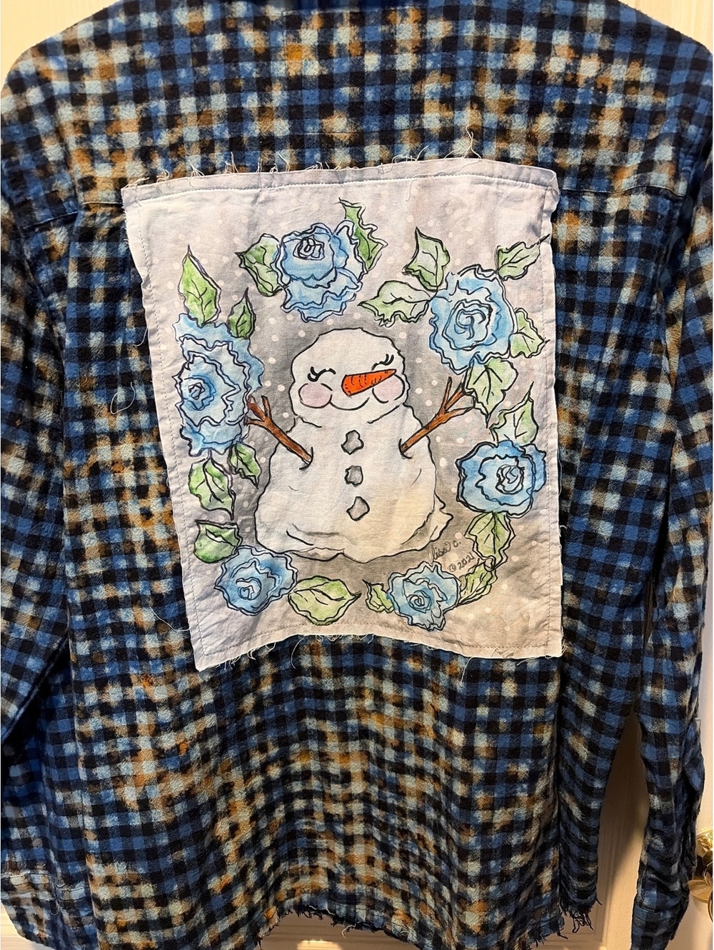 Handmade Blue and Black Checkered Flannel Shirt with Snowman Patch